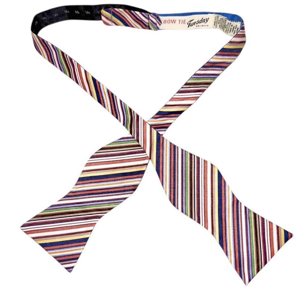 Bow Tie Tuesday Mens Rainbow Striped Cotton-Blend Vintage Bow Tie 2.75” Wide - Picture 4 of 4
